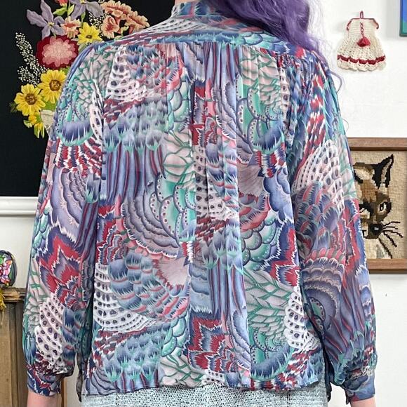 Vintage Bohemian Chiffon Blouse, 1970s Helene Sidel Feather Print Balloon Sleeve - Picture 7 of 10